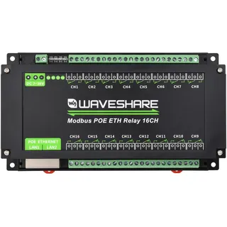Waveshare 16-Ch Ethernet Relay Module, Modbus RTU/Modbus TCP Protocol, Ethernet Communication, Support PoE, Various Isolation & Protection Circuits, Industrial Grade Rail-Mount Case