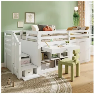 xixiworkshop Kinderbett 90x200cm, Multifunktionales Hochbett mit austauschbar Tisch/Schrank/Treppen/Leiter Bett mit Stauraum für Kinder Mädchen Jungen, Einzelbett Rausfallschutz ohne Matratze
