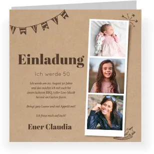 Einladungskarte 50. Geburtstag: Polaroid Trio mit Fotos in Kraft Look