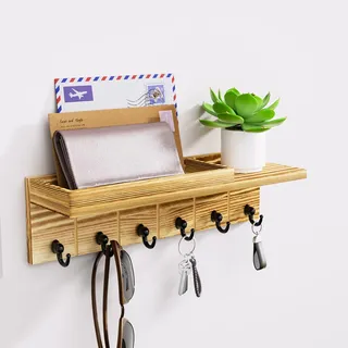 HapiRm Schlüsselbrett Holz - Schlüsselhalter für die Wand, Schlüsselhaken Wandmontiert mit 6 Haken, Schlüsselbrett mit Ablage für Briefe, Telefon und Dekorationen für Flur, Büro - Braun 32x9x9cm
