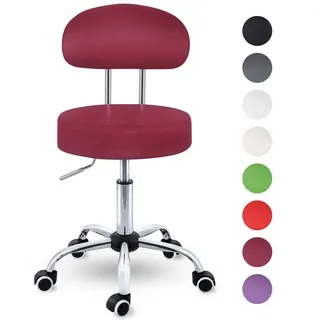 TRESKO Rollhocker Weinrot mit Lehne Arbeitshocker Hocker Drehhocker Kosmetikhocker Praxishocker - Tresko