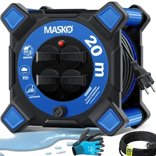 Masko MASKO® Kabeltrommel Verlängerungskabel mit Schutzkontaktsteckdosen & Wickelgriff Outdoor Kabelaufroller Thermoschutz Gerätetrommel IP44 1000W ~ 3000W inkl. Tragegriff und Montagehandschuhe