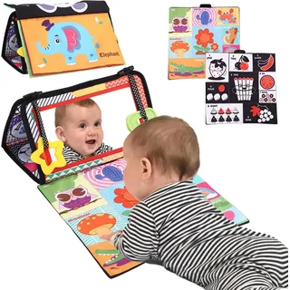 Zawaer Baby Spiegel Spielzeug, Faltbarer Baby Bauchlage Sensorisches Stoffbücher mit Schwarz Weiß Kontrastmuster,Visuelle Auditive Taktile Stimulation Montessori Spielzeug für Neugeborene ab 3 Monate