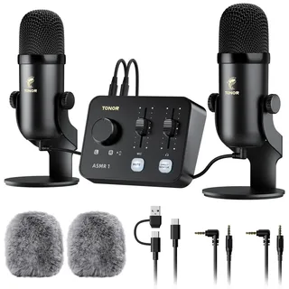 TONOR Podcast Mikrofon Set mit Audio Interface, ASMR Mikrofon, 2 Kondensatormikrofone, Audio Mixer, Lautstärkeregler, 3D Stereoklang, mit Fell-Windschutz, USB Microphone für PC/Handy, Schwarz