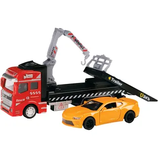 Toi-Toys 24087B - Metal World Spielzeugauto - Abschleppwagen mit Hebebühne & Auto abschleppen