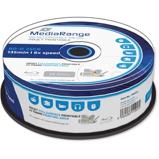 MediaRange BD-R 25GB 6-Fache Schreibgeschwindigkeit, Vollflächig bedruckbar, 25er Cakebox