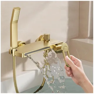 swhc Badewannenarmatur Gold mit Handbrause, Mischbatterie Badewanne Wasserfall Armatur Wasserhahn Badewanne Heiß oder Kalt Duschamaturenset Messing Wannenarmatur mit Brause