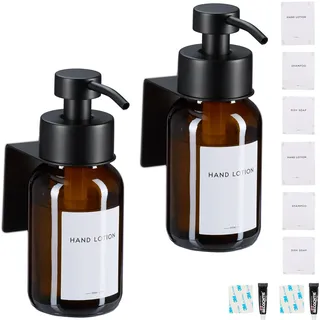 Relaxdays Seifenspender, 2er Pack, 250ml, Braunglas, Edelstahl, Wandseifenspender zum Kleben, ohne Bohren, braun/schwarz