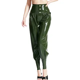 Olivgrüne, sexy Latex-Jogginghose mit Knöpfen, Dekorationen, Gummihose unten