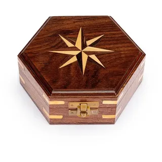 Nklaus 13,5x12x5cm Maritim Holzbox sechseckig mit aufwändigem Windrose Inlay Muster aus Holz und Messing Verschluss 11636