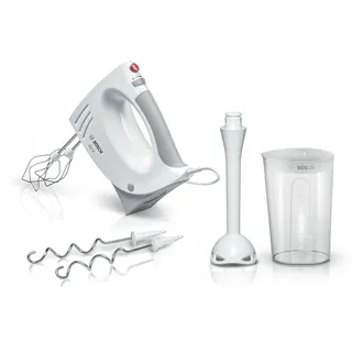 Bosch Handrührer MFQ3540, Handrührgerät, 2 Rührbesen, 2 Edelstahl-Knethaken, spülmaschinengeeignet, 5 Stufen, Pürierstab, Mixbecher, 450 W, weiß
