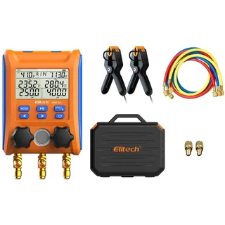 Elitech Digitales Manifold Gauge mit 3-Farben Kältemittelschläuche,Kältemittels Monteurhilfe für R134A R410A R32 R22, Drucktemperatur Lecktester Tester Digitales Messgerät für Kühlschränke LMG-10+
