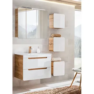 Lomadox Badmöbel Set, Hochglanz weiß mit Wotan Eiche Nb. mit LED-Spiegelschrank, b/h/t ca. 130/200/46 cm Keramik-Waschbecken, 3 Hängeschränke