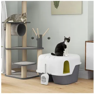 PawHut Katzentoilette mit Deckel, Katzenklo mit Sieb, Schaufel, Katze Toilettenhaus