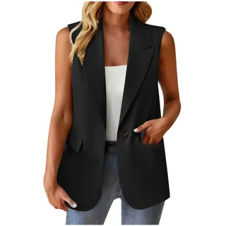 AACH Blazer Damen Sportlich Weste Jacke Slim Fit Lange Anzugweste Ärmelloses Reverskragen Anzugjacke Einfarbig Longblazer Große Größen Locker Sportjacke Mode Vielseitige Stoffblazer - L