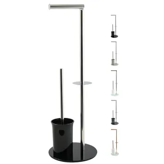 MSV Bergamo Stand Garnitur WC Bürste Rollenhalter Toilettenbürste Klobürste Klopapierhalter aus Edelstahl und Glas Schwarz 3in1, Black