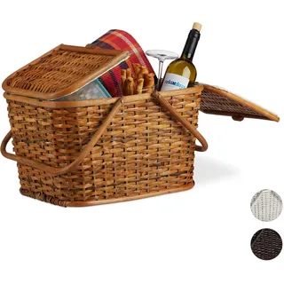 Relaxdays Relaxdays, Picknickkorb mit Deckel, geflochten, Stoffbezug, Henkel, großer Tragekorb, handgefertigt, Rattan, Picknick-Korb, 10024176_533, Picknick-Korb Rattan