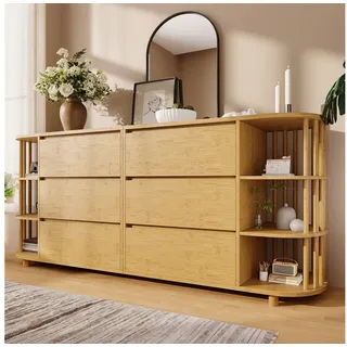odikalo autolock Kommode Kommode Sideboard,Römisches Design mit Säulen und Bambus-Regalen, 75*160*40cm,mit 6 Schubladen+offene Regale,Höhenverstellbare Füße, beige
