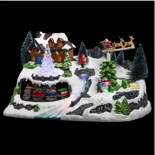 Weihnachtsdekoration, Motiv: Weihnachtsdorf mit Zug, beleuchtet