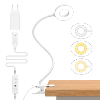 izell 23 LED Leselampe Bett Dimmbar -【3 Modi & 10 Helligkeitsstufen】 Augenschutz Klemmlampe mit 40cm Flexiblem Schwanenhals, Buchlampe, Schreibtischlampe mit 10W USB-Ladegerät, Weiß
