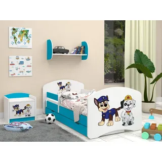 Happy Babies Kinderbett mit Rausfallschutz Junge 160x80 Bett für Kinderzimmer mit Schublade Matratze Einzelbett mit farbigem Aufkleber für Kinder Weiß Blau Hundemotiv