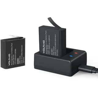 WOLFANG Doppel-Ladegerät mit 2 x 1350mAh Akkus, USB-C Ladestation für GA100, GA120, GA200, GA300, SF230, EK7000 Action-Kameras​