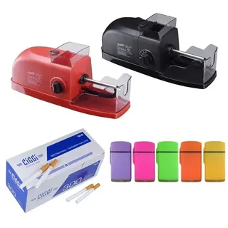 Champ Classic Elektrische Zigarettenmaschine plus Hülsen und Feuerzeug Stopfer schwarz,Feuerzeug Lila