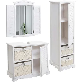 Mendler Badezimmerset HWC-H20, Badmöbel-Set Hochschrank Waschbeckenunterschrank Wandspiegel ~ shabby weiß