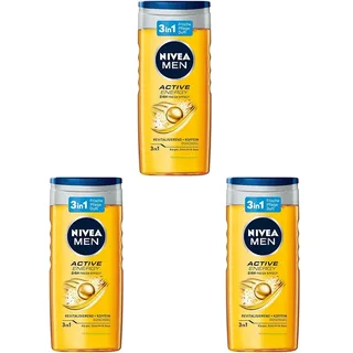 NIVEA MEN Active Energy Duschgel (250 ml), pH-hautfreundliche Pflegedusche mit 24h Frische-Effekt, Männer Duschgel mit Koffein für Körper, Gesicht und Haar (Packung mit 3)