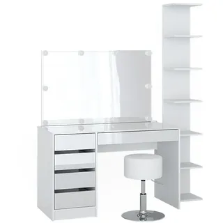 Vicco Schminktisch Sherry Weiß 4 Teile, mit Aufbewahrungsregal Spiegel Hocker LED