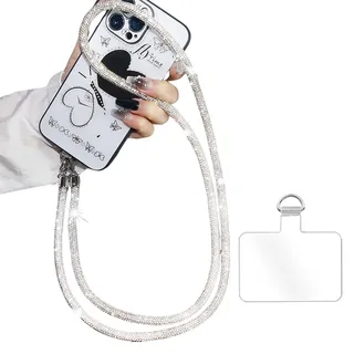 FloralGrace Umhängekette mit Glitzer Strass, Telefon Lanyard, langes Hängeband, Handy Seil, Anti Drop Handykette, Handy Kette, Kurz Handyanhänger(Weiß 68CM)