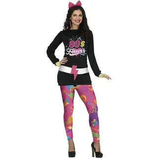 FIESTAS GUIRCA 80s Girl Kostüm – Langärmliges schwarzes Disco Kleid und rosa 80er Jahre Leggings mit buntem Muster für Karneval Fasching Damen Größe S 34-36