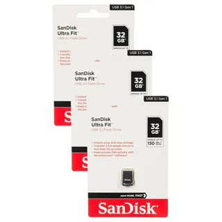 SanDisk Ultra Fit USB 3.1 Flash-Laufwerk 32 GB (Für Laptops, Spielkonsolen und Auto-Audiosysteme, Plug-and-Stay, 130 MB/s Lesen, SecureAccess Software) (Packung mit 3)