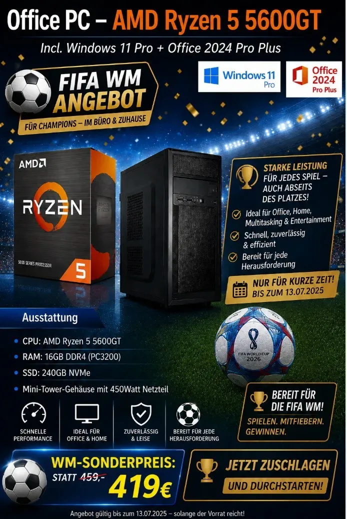 Office PC | AMD Ryzen 5 5600GT 6 x 3,6GHz | 16GB DDR4 | Radeon Grafik | 240GB SS...