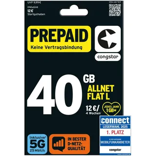 congstar Prepaid ALLNET L SIM-Karte ohne Vertrag I 40 GB Vielsurfer Prepaid-Paket in D-Netz-Qualität I 5G mit 25 Mbit/s + 12€ Startguthaben I Telefonie & SMS Flat in alle dt. Netze I EU-Roaming inkl.