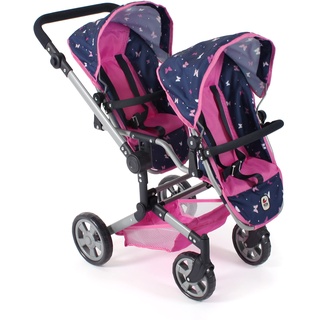 Bayer Chic 2000 - Puppenwagen Linus Duo, Zwillingspuppenwagen für Kinder von 4 bis 8 Jahren, Butterfly, Navy-pink, 690-33