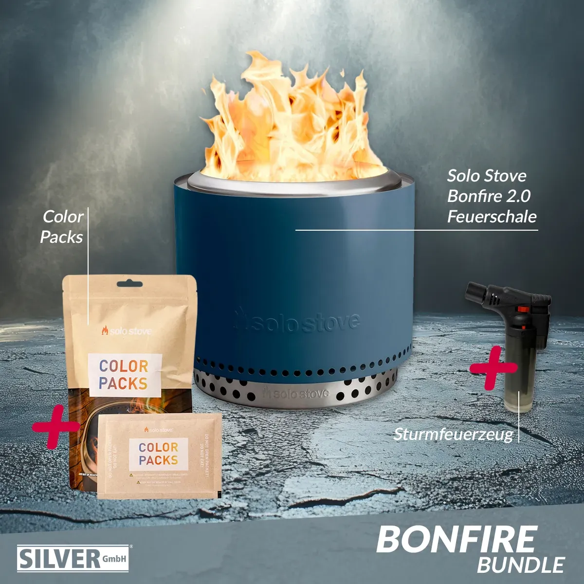 Solo Stove BONFIRE 2.0 Ø 49,5 cm + STAND Water + Buntes Feuer + Sturmfeuerzeug