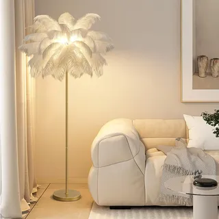 YQGOO Federlampe Stehlampe Wohnzimmer, Feder Stehlampe Gold mit 3-Farbig Dimmbarem,160cm Stehlampe Federn Moderne mit Fußschalter, Kreative Studie Schlafzimmer Feder Lampe Stehleuchte (White)
