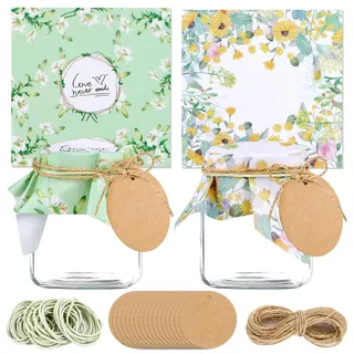 Fonyet 100 Marmeladendeckchen Weihnachten Set Schmuckdeckchen für Einmachgläser mit 40 Geschenkanhänger, 10 m Jute Garn und Justiergummi, Marmeladendeckchen stoff zum Weihnachts Dekorieren