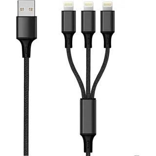 2Go 3in1 USB Ladekabel 3x Lightning Nylon 1,5m schwarz - Schwarz