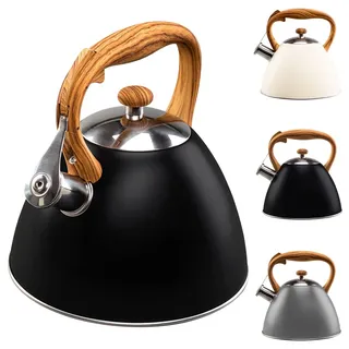 VILDE Wasserkessel Induktion 3L - Edelstahl Schwarz Matt - Flötenkessel mit Holzgriff-Imitat - Ideal für Moderne & Traditionelle Küchen - Pfeifkessel für Alle Herdarten Einschließlich Induktion