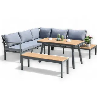 ALEOS. Gartenlounge Lounge Set aus Aluminium und echt Teakholz inklusive Bank Loungeecke Loungegarnitur Sitzgruppe Sofagarnitur Esstischlounge Brasilia grau anthrazit mit bequemen Kissen
