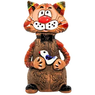 Dekohelden24 Handgemachte Keramik, Keramikkatze mit Vogel in der Hand als Räucherfigur, Räuchermann aus Ton als Katze, Dekofigur mit Räucherfunktion, L/B/H: 7 x 7 x 14cm.