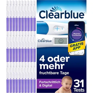 Clearblue 30 Ovulationstest Fortschrittlich & Digital und 1 Schwangerschaftstest – für doppelte Chancen, schwanger zu werden, Zyklus-App-Tracker