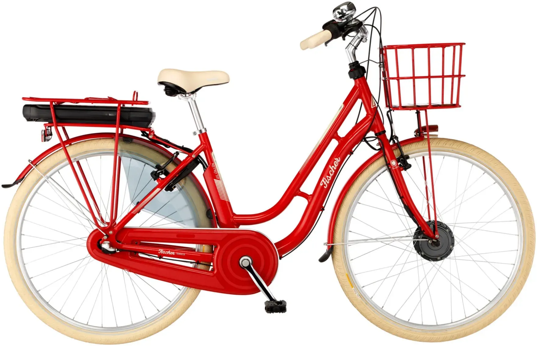 FISCHER E-Bike City CITA RETRO 2.0, Elektrofahrrad für Damen und Herren, RH 48 cm, Frontmotor 32 Nm, 36 V Akku, rot glänzend