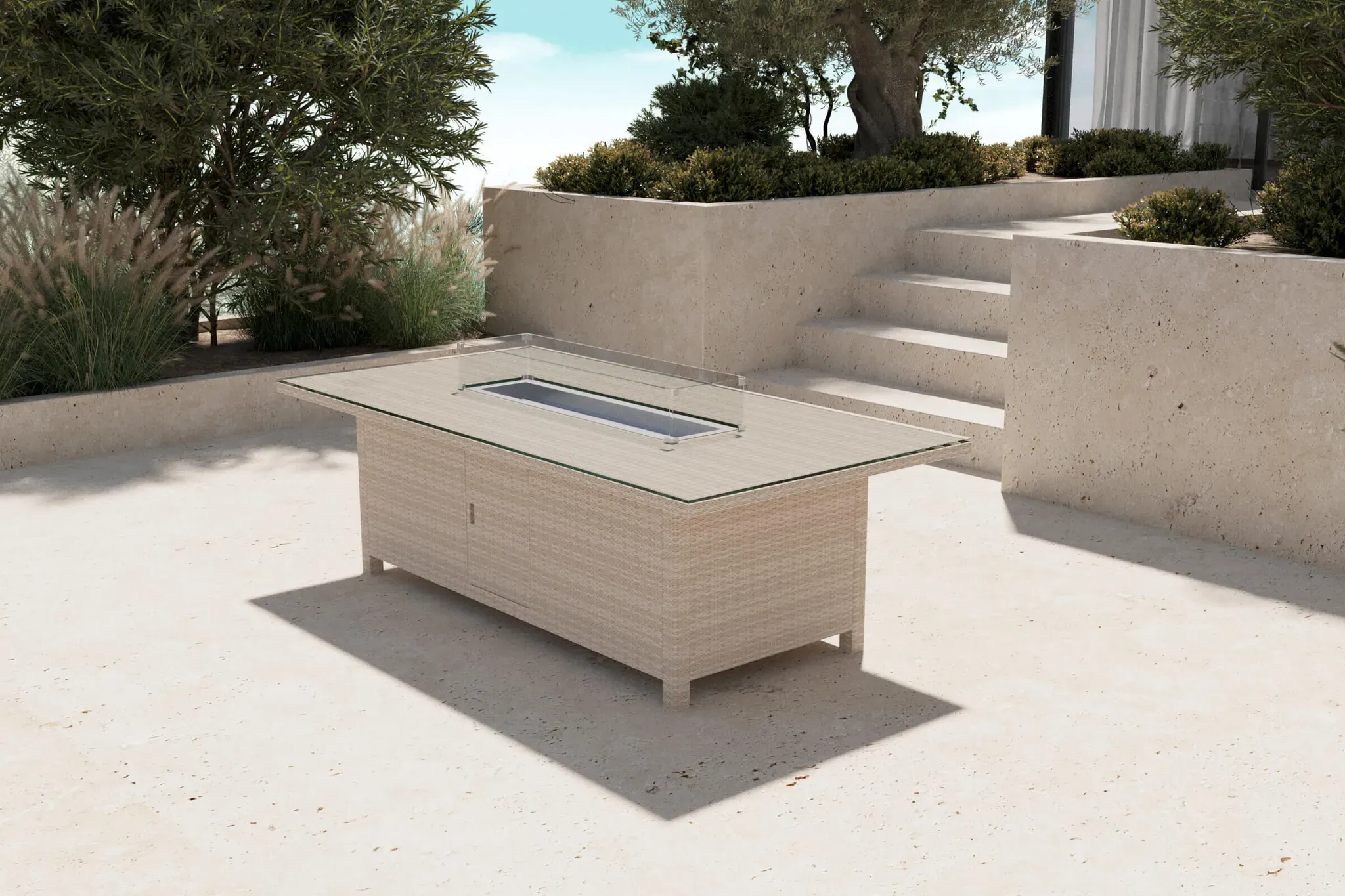 OUTFLEXX Feuertisch, beige meliert, Aluminium/Polyrattan/Glas, 200 x 100 cm, hitzebeständig, inklusive Schutzglas der Feuerstelle