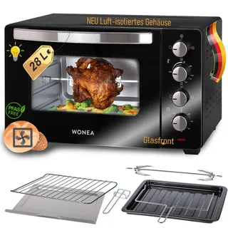 Minibackofen 28 Liter 1600 Watt, Minibackofen mit Umluft, Mini Backofen mit Luft-isoliertem Gehäuse, Krümelblech, Minibackofen mit Drehspieß, Minibackofen mit Licht, Pizzaofen, Backofen für Camping