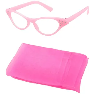 Euvoym 2 Stück Rosa 50er Jahre Kostüm Zubehör Set Damen Rosa Verkleidung Brille und Rosa Schal Weiblich Stil Brille Halstuch für Frauen Mädchen