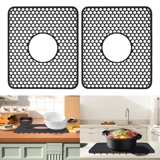 Spülbeckeneinlage Silikonmatte für Küche, 2er-Set Spülbeckenmatte & Spülbeckeneinlage 29,5x34,5cm Abtropfmatte aus Ultraweichem Silikon Gegen Kratzer im Edelstahl Spülbecken (Schwarz mit Löchern)