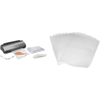 Caso VC 10 Plus Edition - inkl. großem Zubehör Set, 30 cm Schweißnaht, variable Vakuumstärke, Vakuumpumpe 9 L/min, grau, silber, 1er Pack & Amazon Basics Vakuumierbeutel 22cm x 30 cm, 50 Stück